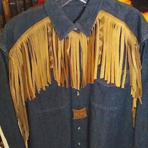 Vintage Men's M Denim Shirt Leather Fringe One of a Kind, Hand Cut Fringe NWT